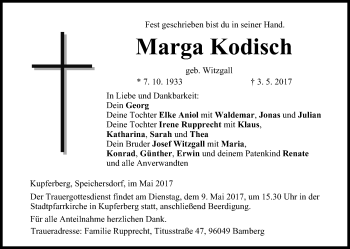 Anzeige von Marga Kodisch von MGO