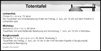 Anzeige von Totentafel vom 31.05.2017 von MGO