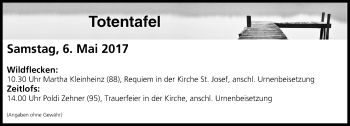 Anzeige von Totentafel vom 06.05.2017 von MGO