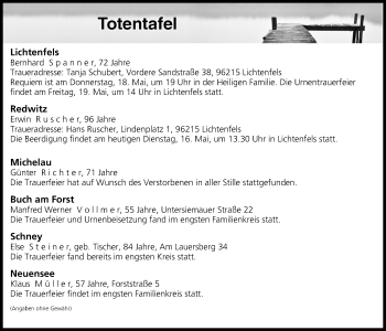 Anzeige von Totentafel vom 16.05.2017 von MGO