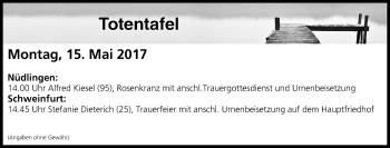 Anzeige von Totentafel vom 15.05.2017 von MGO
