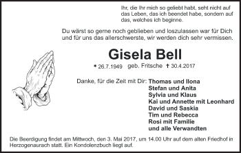 Anzeige von Gisela Bell von MGO