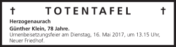 Anzeige von Totentafel vom 13.05.2017 von MGO