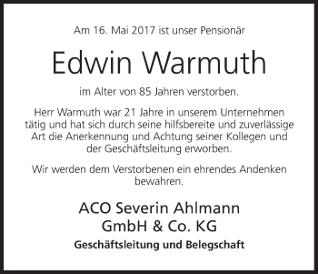 Anzeige von Edwin Warmuth von MGO