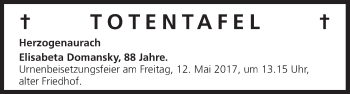 Anzeige von Totentafel vom 10.05.2017 von MGO