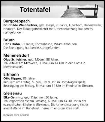 Anzeige von Totentafel vom 03.05.2017 von MGO