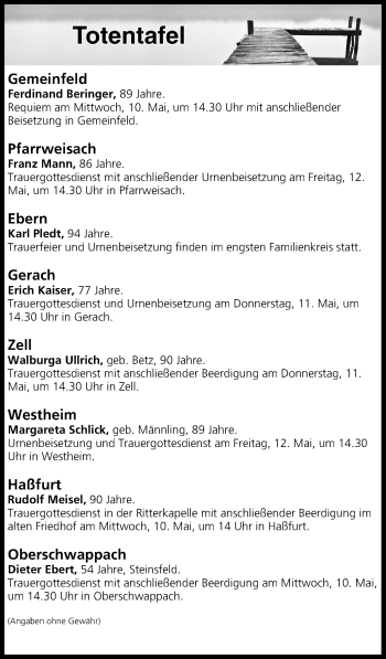 Anzeige von Totentafel vom 10.05.2017 von MGO
