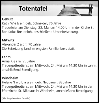 Anzeige von Totentafel vom 23.05.2017 von MGO