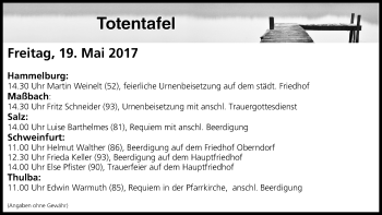 Anzeige von Totentafel vom 19.05.2017 von MGO