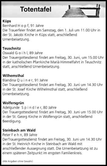Anzeige von Totentafel vom 30.06.2017 von MGO