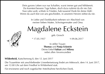 Anzeige von Magdalene Eckstein von MGO