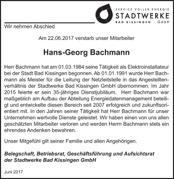 Anzeige von Hans-Georg Bachmann von MGO