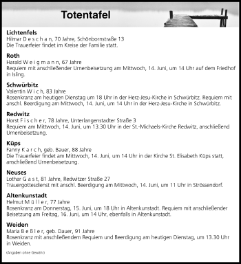 Anzeige von Totentafel vom 13.06.2017 von MGO