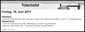 Anzeige von Totentafel vom 16.06.2017 von MGO