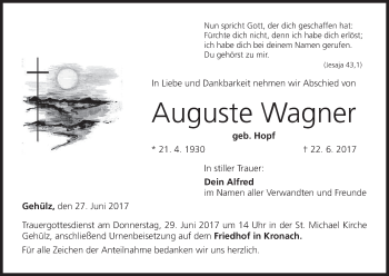 Anzeige von Auguste Wagner von MGO