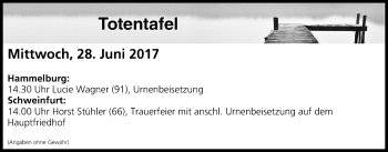 Anzeige von Totentafel vom 28.06.2017 von MGO