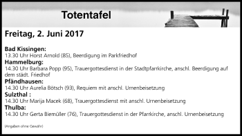 Anzeige von Totentafel vom 02.06.2017 von MGO