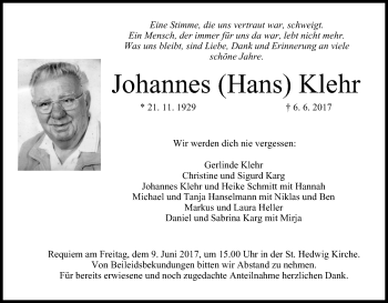Anzeige von Johannes  Klehr von MGO