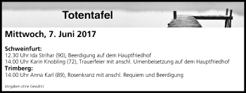 Anzeige von Totentafel vom 07.06.2017 von MGO