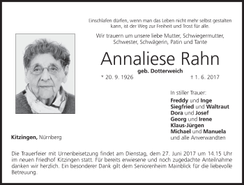 Anzeige von Annaliese Rahn von MGO