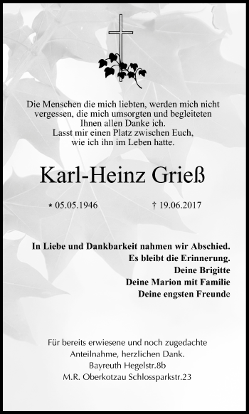 Anzeige von Karl-Heinz Grieß von MGO
