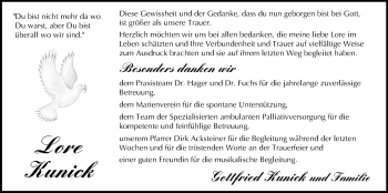 Anzeige von Lore Kunick von MGO