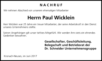 Anzeige von Paul Wicklein von MGO