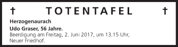 Anzeige von Totentafel vom 01.06.2017 von MGO