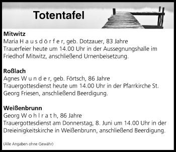 Anzeige von Totentafel vom 07.06.2017 von MGO