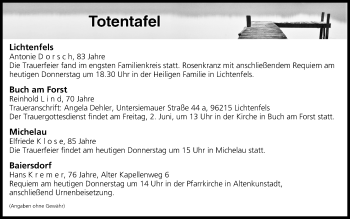 Anzeige von Totentafel vom 01.06.2017 von MGO
