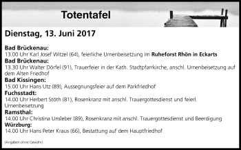 Anzeige von Totentafel vom 13.06.2017 von MGO