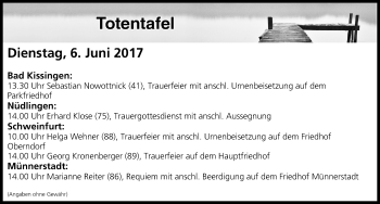 Anzeige von Totentafel vom 06.06.2017 von MGO