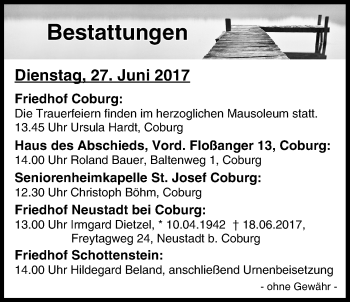 Anzeige von Bestattungen vom 27.06.2017 von MGO