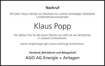 Anzeige von Klaus Popp von MGO