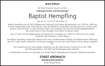 Anzeige von Baptist Hempfling von MGO