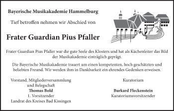 Anzeige von Frater Guardian Pius Pfaller von MGO