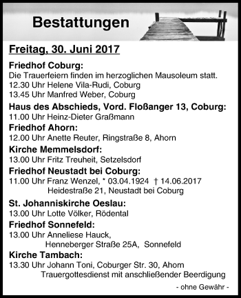 Anzeige von Bestattungen vom 30.06.2017 von MGO