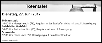 Anzeige von Totentafel vom 27.06.2017 von MGO