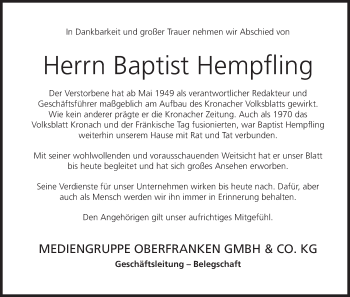 Anzeige von Baptist Hempfling von MGO