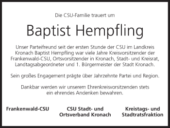 Anzeige von Baptist Hempfling von MGO
