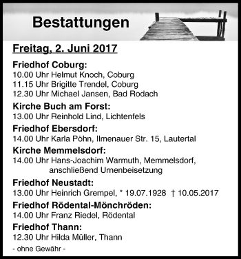 Anzeige von Bestattungen vom 02.06.2017 von MGO