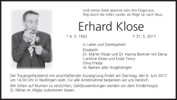 Anzeige von Erhard Klose von MGO