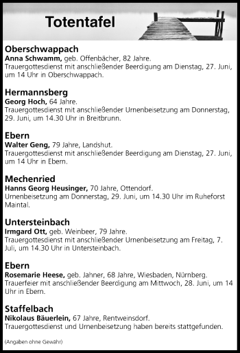 Anzeige von Totentafel vom 27.06.2017 von MGO