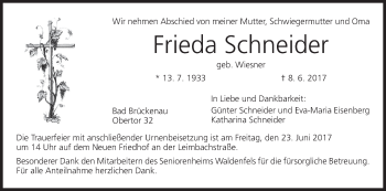 Anzeige von Frieda Schneider von MGO
