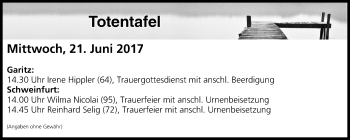 Anzeige von Totentafel vom 21.06.2017 von MGO