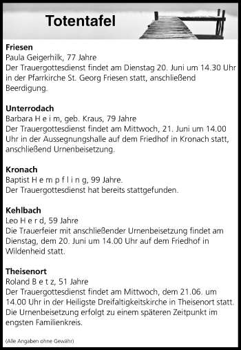 Anzeige von Totentafel vom 20.06.2017 von MGO