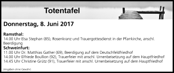 Anzeige von Totentafel vom 08.06.2017 von MGO