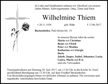 Anzeige von Wilhelmine Thiem von MGO