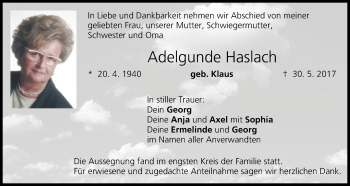 Anzeige von Adelgunde Haslach von MGO