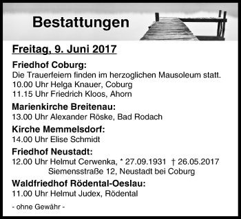 Anzeige von Bestattungen vom 09.06.2017 von MGO